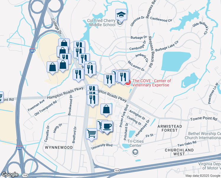 map of restaurants, bars, coffee shops, grocery stores, and more near 6540 Hampton Roads Parkway in Suffolk