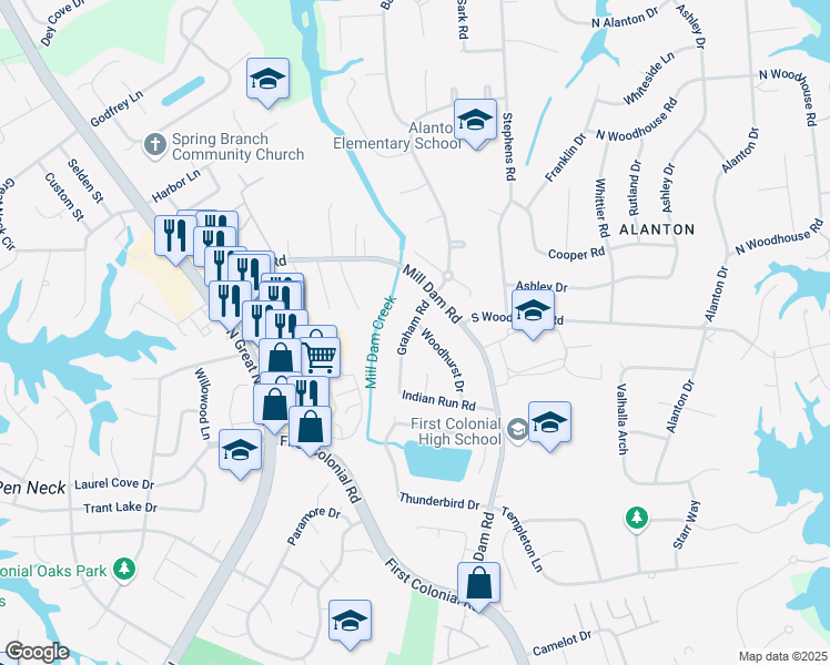map of restaurants, bars, coffee shops, grocery stores, and more near 1340 Woodhurst Drive in Virginia Beach