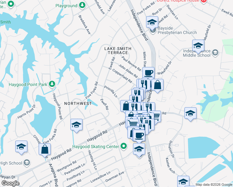 map of restaurants, bars, coffee shops, grocery stores, and more near 4636 Priscilla Lane in Virginia Beach