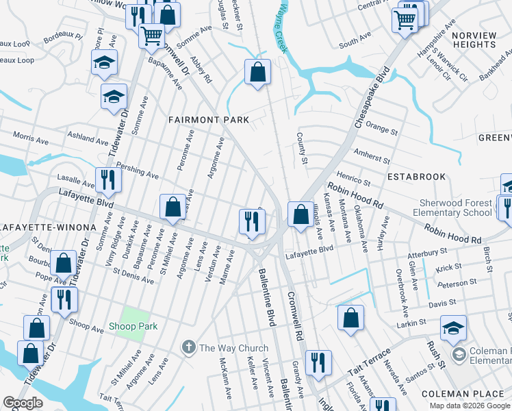 map of restaurants, bars, coffee shops, grocery stores, and more near 3302 Marne Avenue in Norfolk