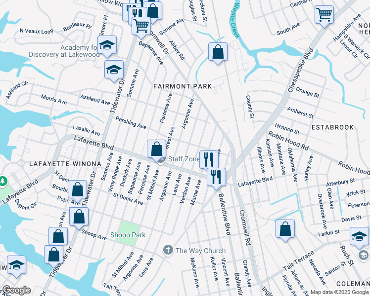 map of restaurants, bars, coffee shops, grocery stores, and more near 3237 Lens Avenue in Norfolk