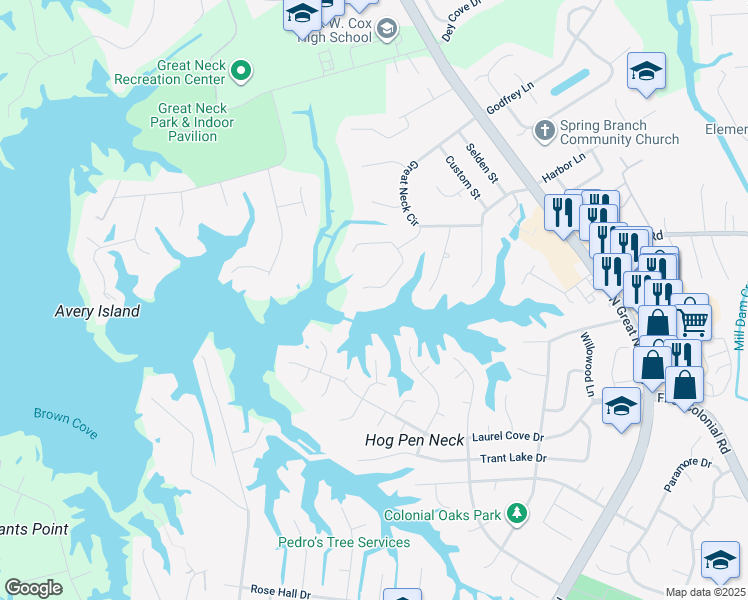 map of restaurants, bars, coffee shops, grocery stores, and more near 1404 South Twin Lake Road in Virginia Beach