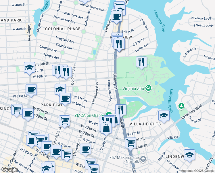 map of restaurants, bars, coffee shops, grocery stores, and more near 201 West 34th Street in Norfolk
