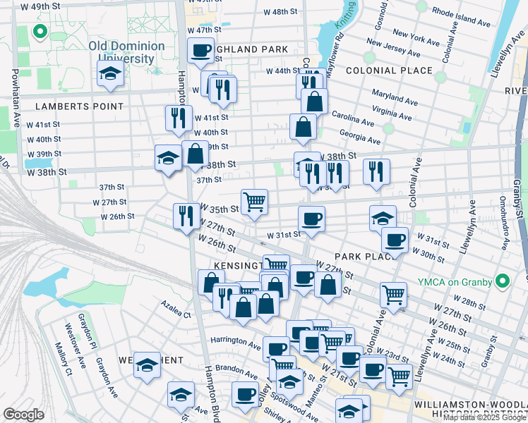 map of restaurants, bars, coffee shops, grocery stores, and more near 859 West 35th Street in Norfolk