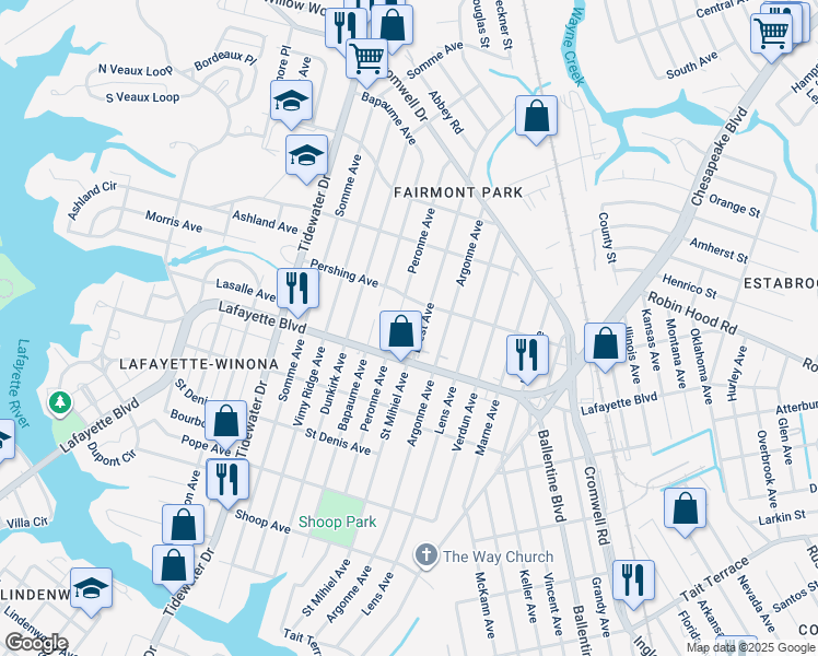 map of restaurants, bars, coffee shops, grocery stores, and more near 3223 Brest Avenue in Norfolk