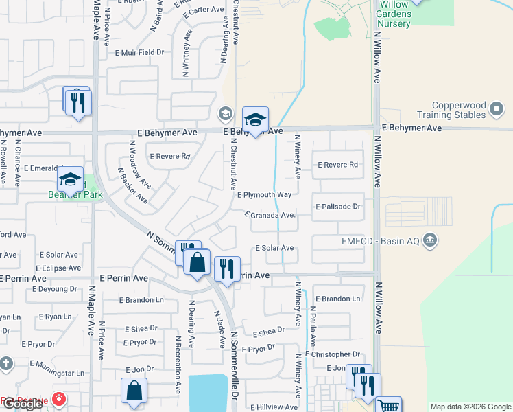 map of restaurants, bars, coffee shops, grocery stores, and more near 2584 East Granada Avenue in Fresno