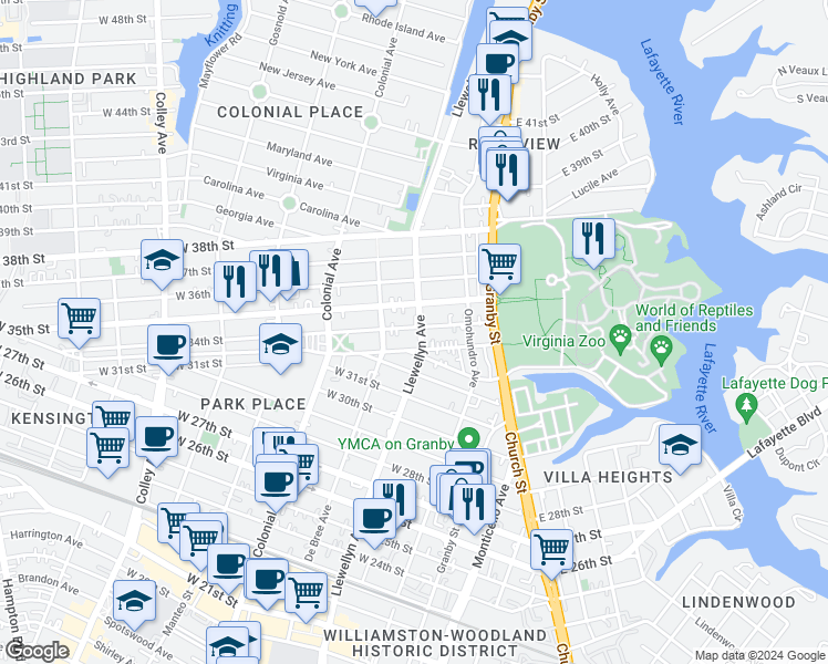 map of restaurants, bars, coffee shops, grocery stores, and more near 323 West 34th Street in Norfolk