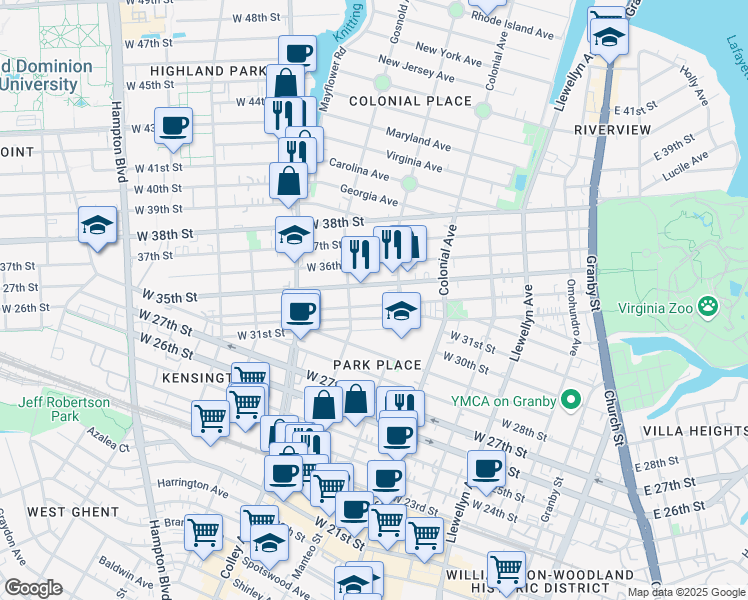 map of restaurants, bars, coffee shops, grocery stores, and more near 622 West 34th Street in Norfolk
