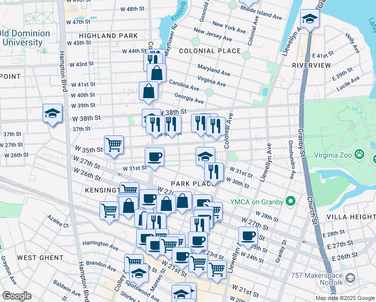 map of restaurants, bars, coffee shops, grocery stores, and more near 630 West 34th Street in Norfolk