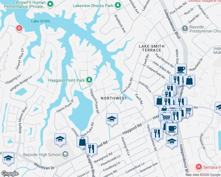 map of restaurants, bars, coffee shops, grocery stores, and more near 4717 Little John Road in Virginia Beach