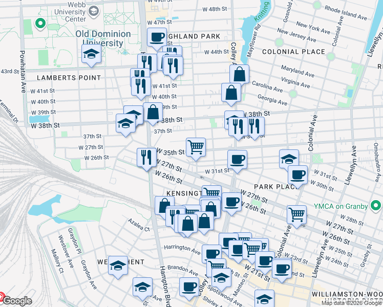 map of restaurants, bars, coffee shops, grocery stores, and more near 1021 West 35th Street in Norfolk