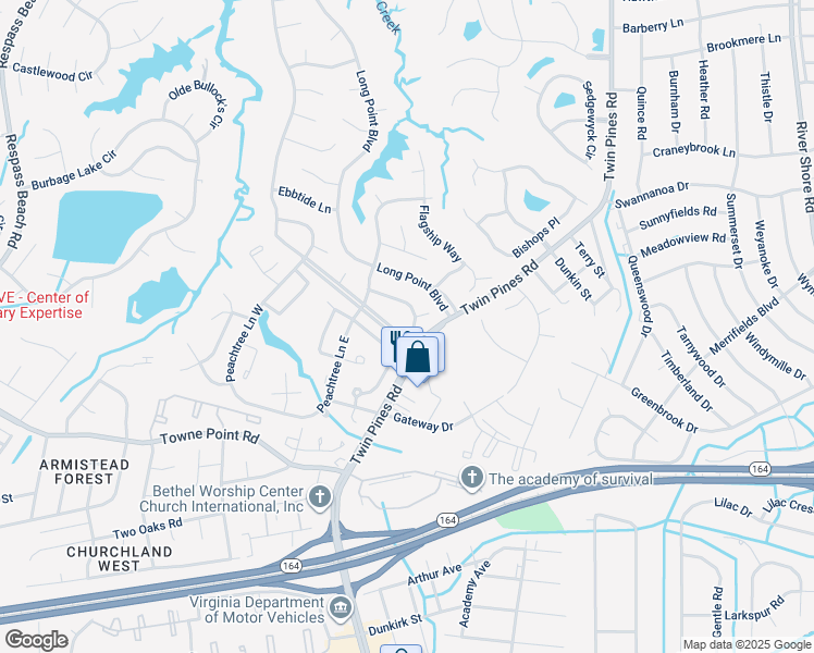 map of restaurants, bars, coffee shops, grocery stores, and more near 3808 Headwind Lane in Portsmouth