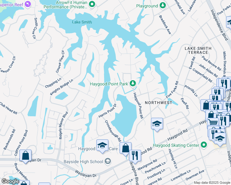 map of restaurants, bars, coffee shops, grocery stores, and more near 777 Harris Point Drive in Virginia Beach