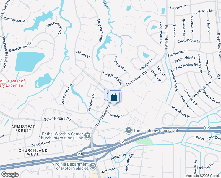 map of restaurants, bars, coffee shops, grocery stores, and more near 3806 Headwind Lane in Portsmouth