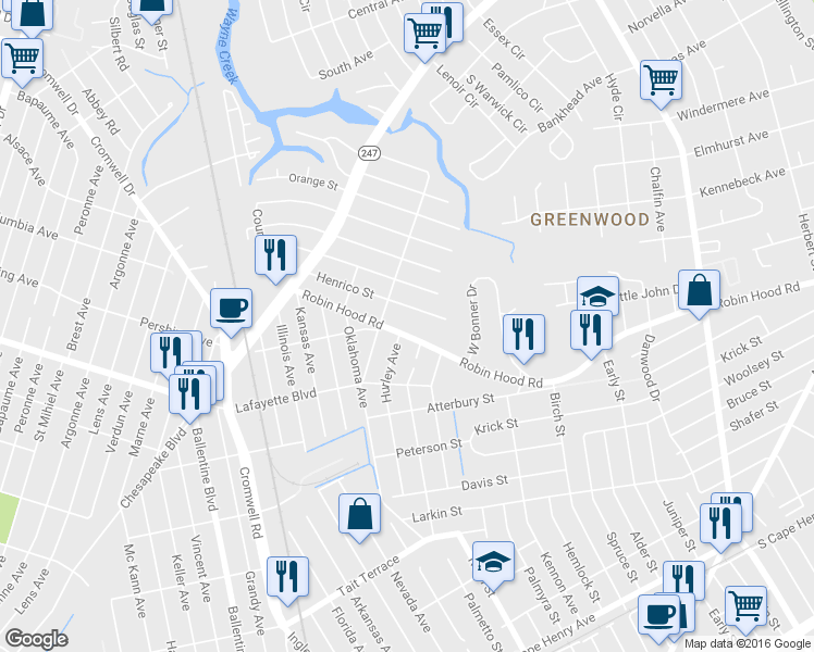 map of restaurants, bars, coffee shops, grocery stores, and more near 3722 Robin Hood Road in Norfolk