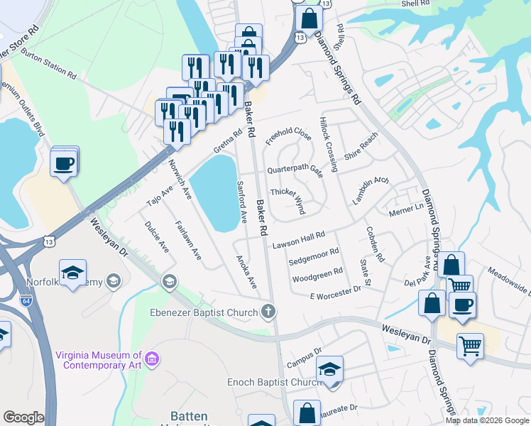 map of restaurants, bars, coffee shops, grocery stores, and more near 5540 Quarterpath Gate in Virginia Beach