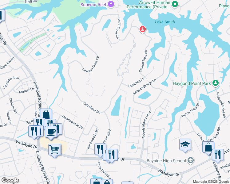 map of restaurants, bars, coffee shops, grocery stores, and more near 5240 Club Head Road in Virginia Beach