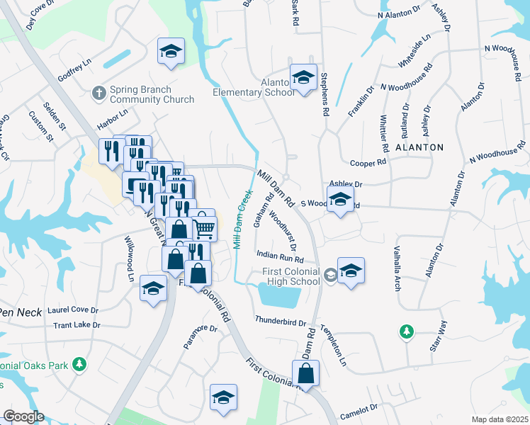 map of restaurants, bars, coffee shops, grocery stores, and more near 1340 Woodhurst Drive in Virginia Beach