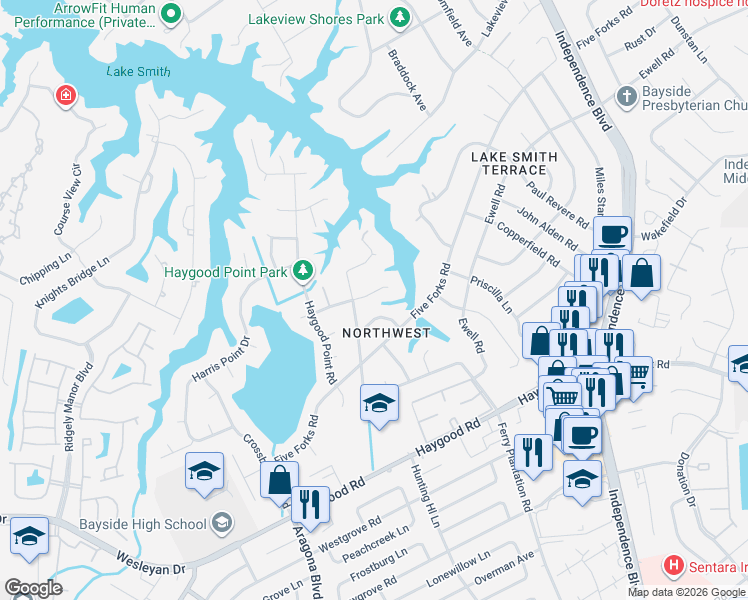 map of restaurants, bars, coffee shops, grocery stores, and more near 4717 Little John Road in Virginia Beach