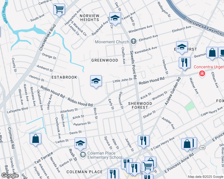 map of restaurants, bars, coffee shops, grocery stores, and more near 4630 Robin Hood Road in Norfolk