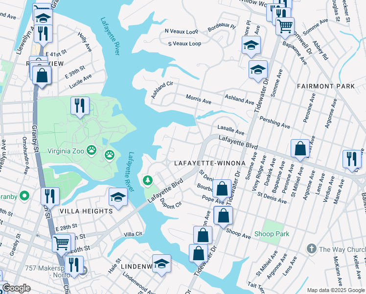 map of restaurants, bars, coffee shops, grocery stores, and more near 1523 Versailles Avenue in Norfolk