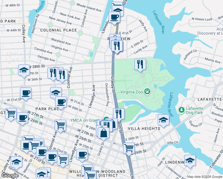 map of restaurants, bars, coffee shops, grocery stores, and more near 109 West 34th Street in Norfolk