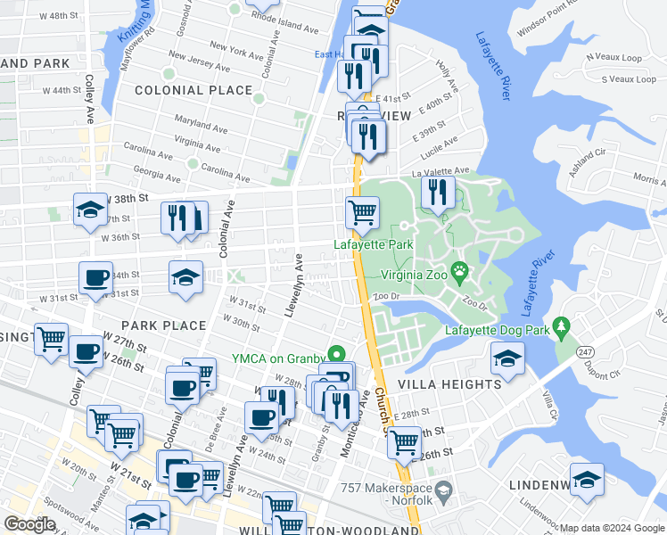 map of restaurants, bars, coffee shops, grocery stores, and more near 109 West 34th Street in Norfolk