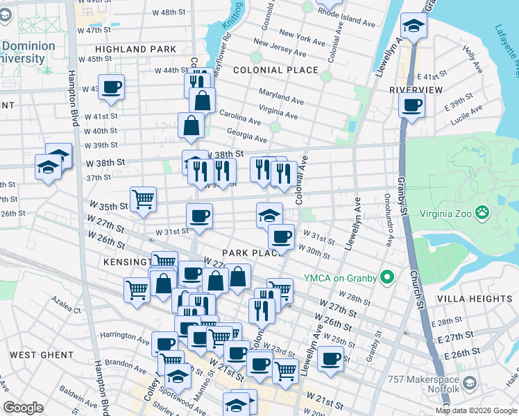 map of restaurants, bars, coffee shops, grocery stores, and more near 622 West 34th Street in Norfolk