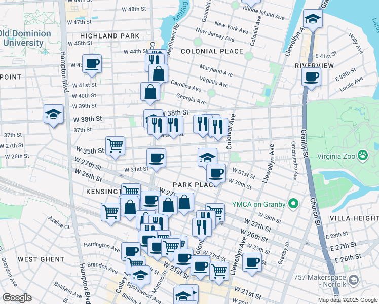 map of restaurants, bars, coffee shops, grocery stores, and more near 622 West 34th Street in Norfolk