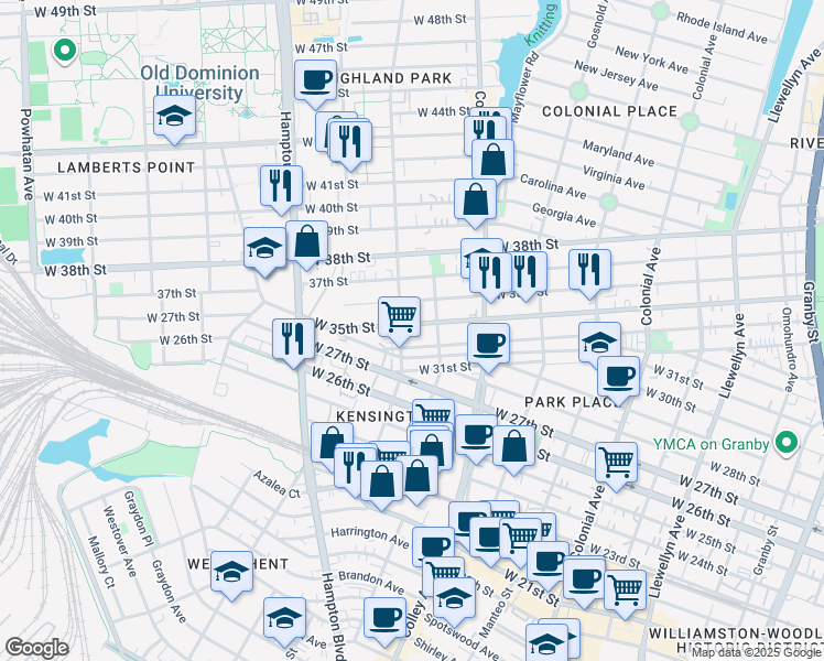 map of restaurants, bars, coffee shops, grocery stores, and more near 859 West 35th Street in Norfolk