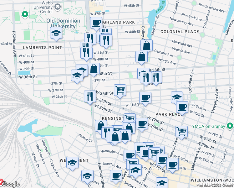 map of restaurants, bars, coffee shops, grocery stores, and more near 1021 West 35th Street in Norfolk
