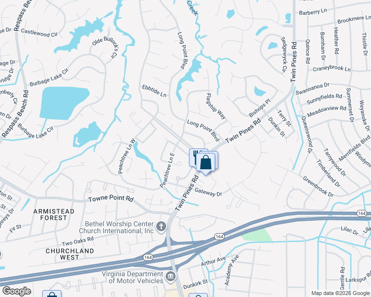 map of restaurants, bars, coffee shops, grocery stores, and more near 3861 Sugar Creek Circle in Portsmouth