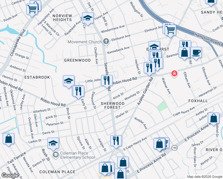 map of restaurants, bars, coffee shops, grocery stores, and more near 2826 Sewells Point Road in Norfolk
