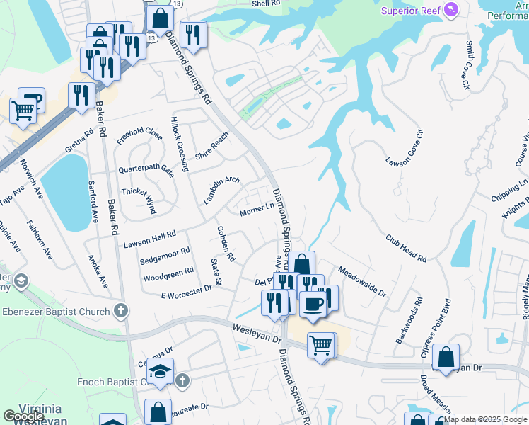 map of restaurants, bars, coffee shops, grocery stores, and more near 5513 Merner Lane in Virginia Beach
