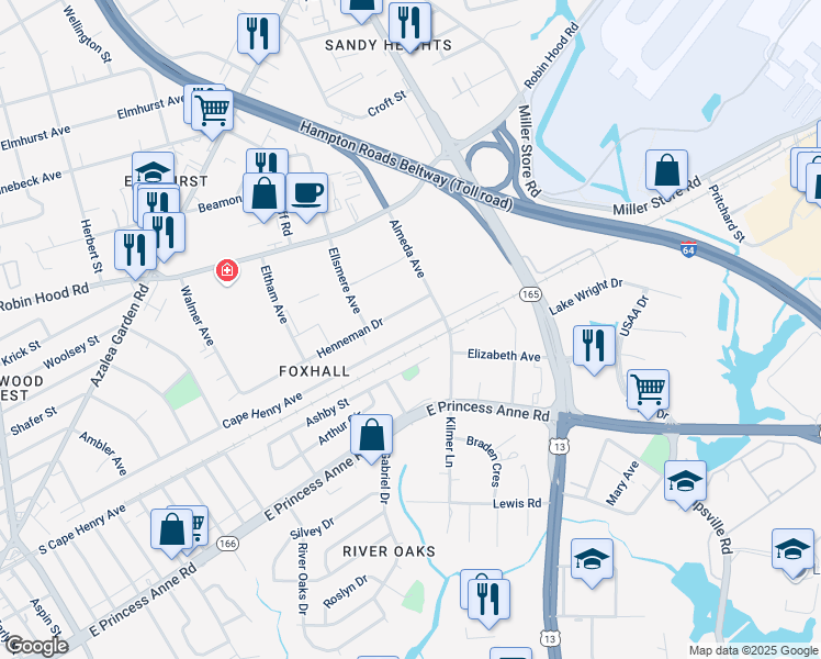 map of restaurants, bars, coffee shops, grocery stores, and more near 5448 Cape Henry Avenue in Norfolk