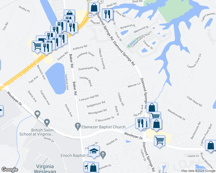map of restaurants, bars, coffee shops, grocery stores, and more near 1326 Hillock Crossing in Virginia Beach