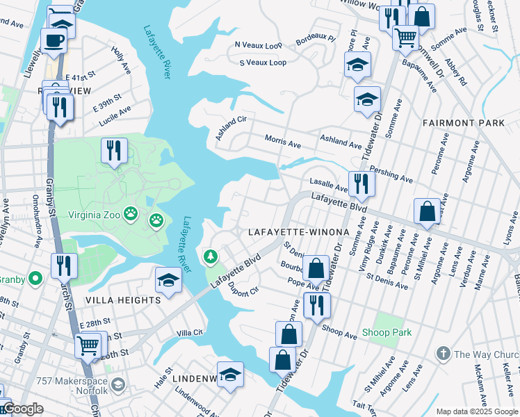 map of restaurants, bars, coffee shops, grocery stores, and more near 1523 Versailles Avenue in Norfolk