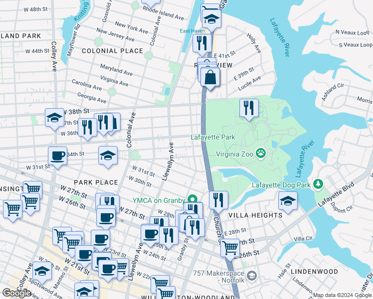 map of restaurants, bars, coffee shops, grocery stores, and more near 209 West 34th Street in Norfolk