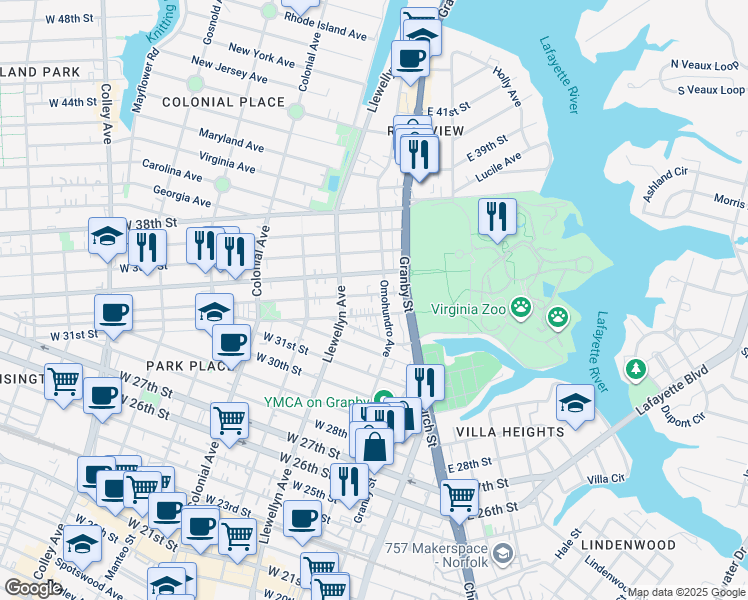 map of restaurants, bars, coffee shops, grocery stores, and more near 209 West 34th Street in Norfolk