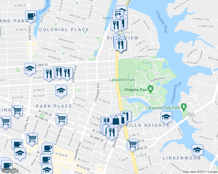 map of restaurants, bars, coffee shops, grocery stores, and more near 109 West 34th Street in Norfolk