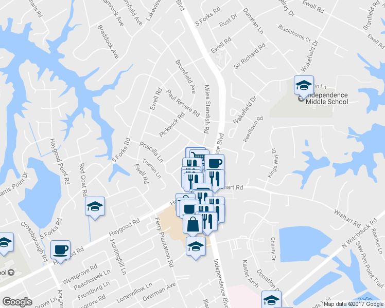 map of restaurants, bars, coffee shops, grocery stores, and more near 1049 Miles Standish Road in Virginia Beach