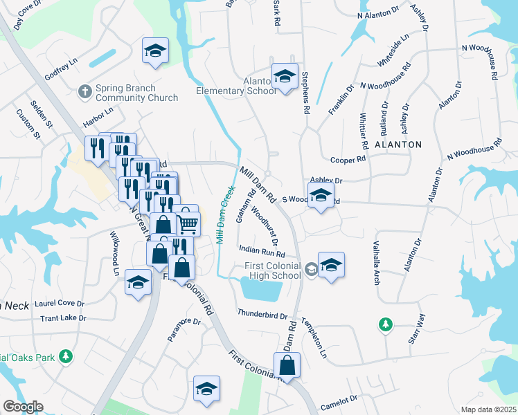 map of restaurants, bars, coffee shops, grocery stores, and more near 1340 Woodhurst Drive in Virginia Beach