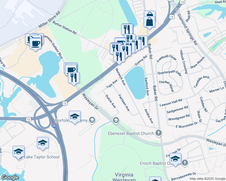 map of restaurants, bars, coffee shops, grocery stores, and more near 1069 Fairlawn Avenue in Virginia Beach