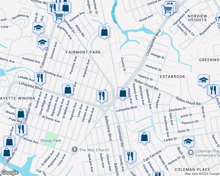 map of restaurants, bars, coffee shops, grocery stores, and more near 3313 Flanders Avenue in Norfolk