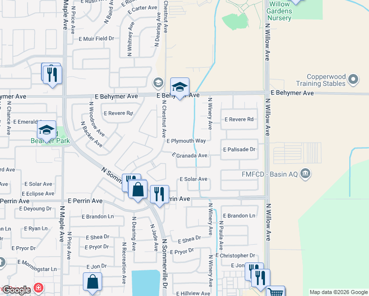 map of restaurants, bars, coffee shops, grocery stores, and more near 2584 East Granada Avenue in Fresno