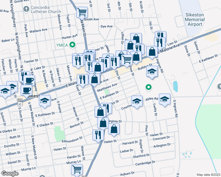 map of restaurants, bars, coffee shops, grocery stores, and more near 707 Matthews Avenue in Sikeston