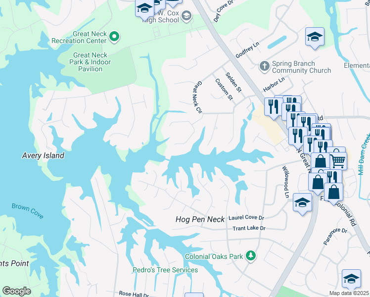 map of restaurants, bars, coffee shops, grocery stores, and more near 1408 South Twin Lake Road in Virginia Beach