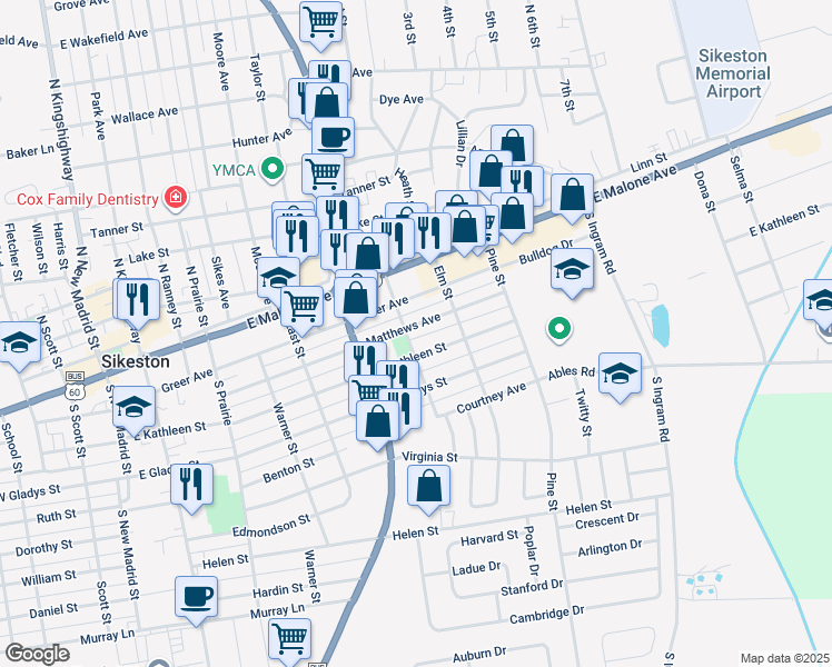 map of restaurants, bars, coffee shops, grocery stores, and more near 707 Matthews Avenue in Sikeston