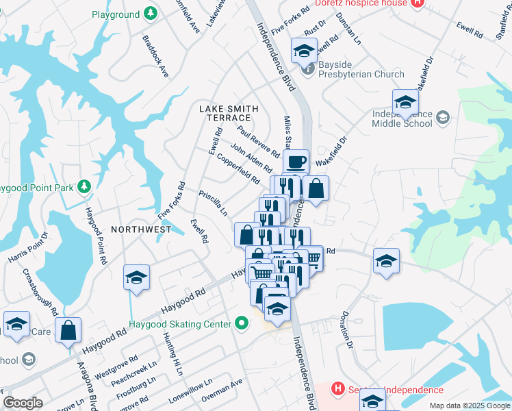 map of restaurants, bars, coffee shops, grocery stores, and more near 1033 Patrick Henry Way in Virginia Beach