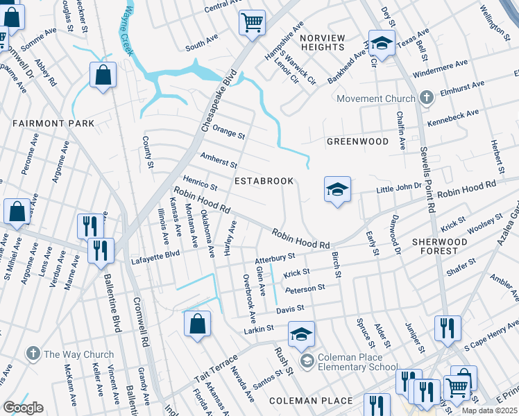 map of restaurants, bars, coffee shops, grocery stores, and more near 3747 Henrico Street in Norfolk